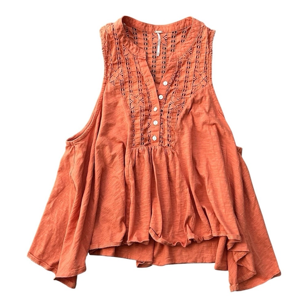 Free People Sunkissed Cotton Pointelle Tank Top Orange Sleeveless Boho | Size S - Picture 4 of 7